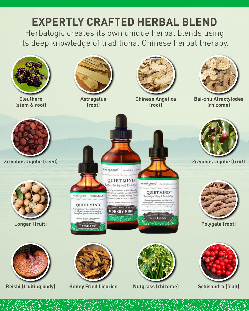 Herbalogic Quiet Mind Gui Pi Tang-inspired formula label; calming blend