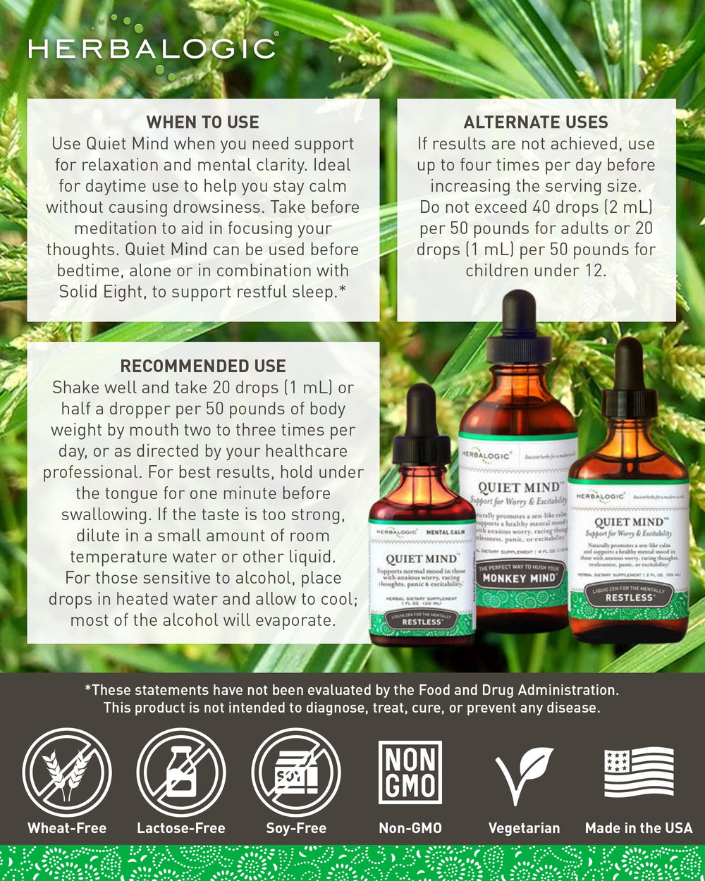Herbalogic Quiet Mind ingredients; multi-herb blend supports balanced daytime mood