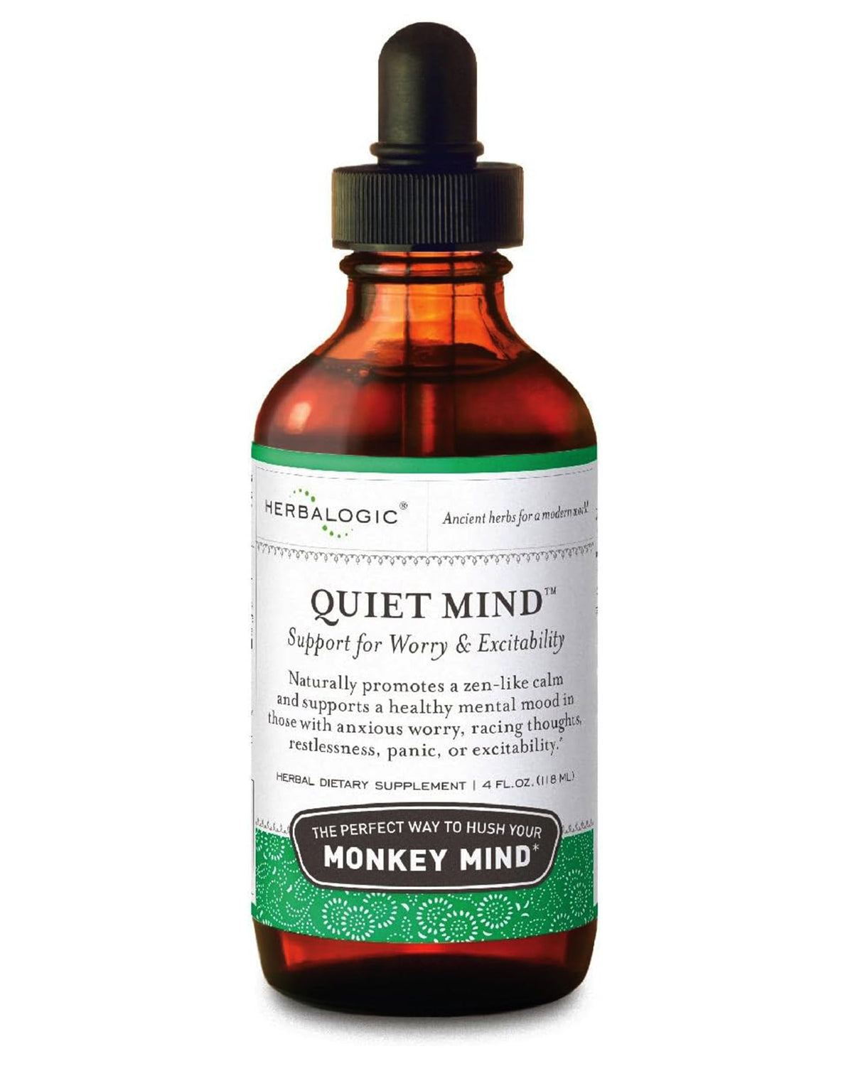Herbalogic Quiet Mind drops bottle; non-sedating calm for daytime focus