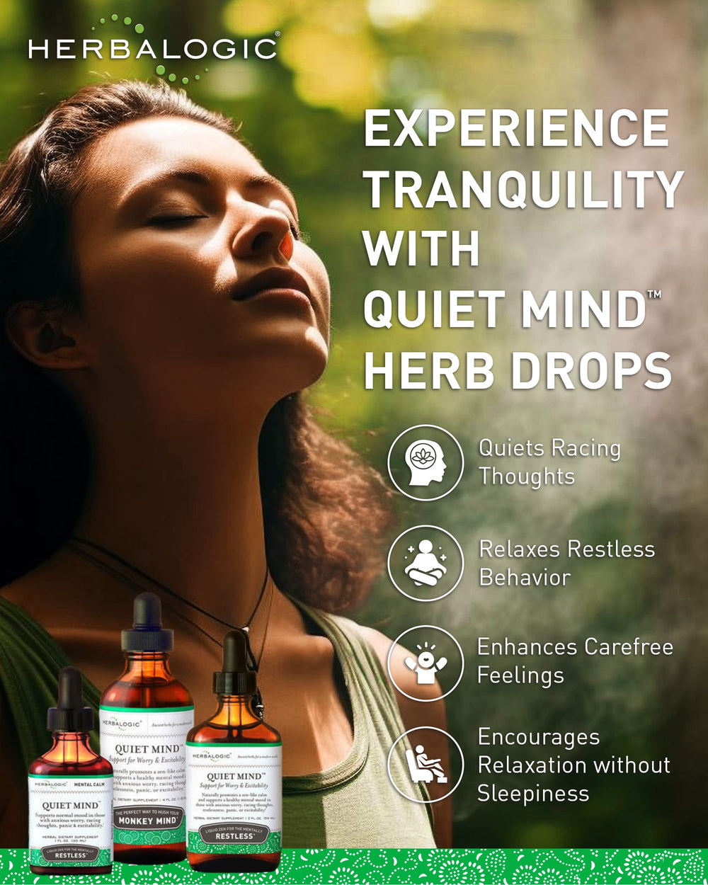 Herbalogic Quiet Mind drops pour; easy dosing for steady mood support
