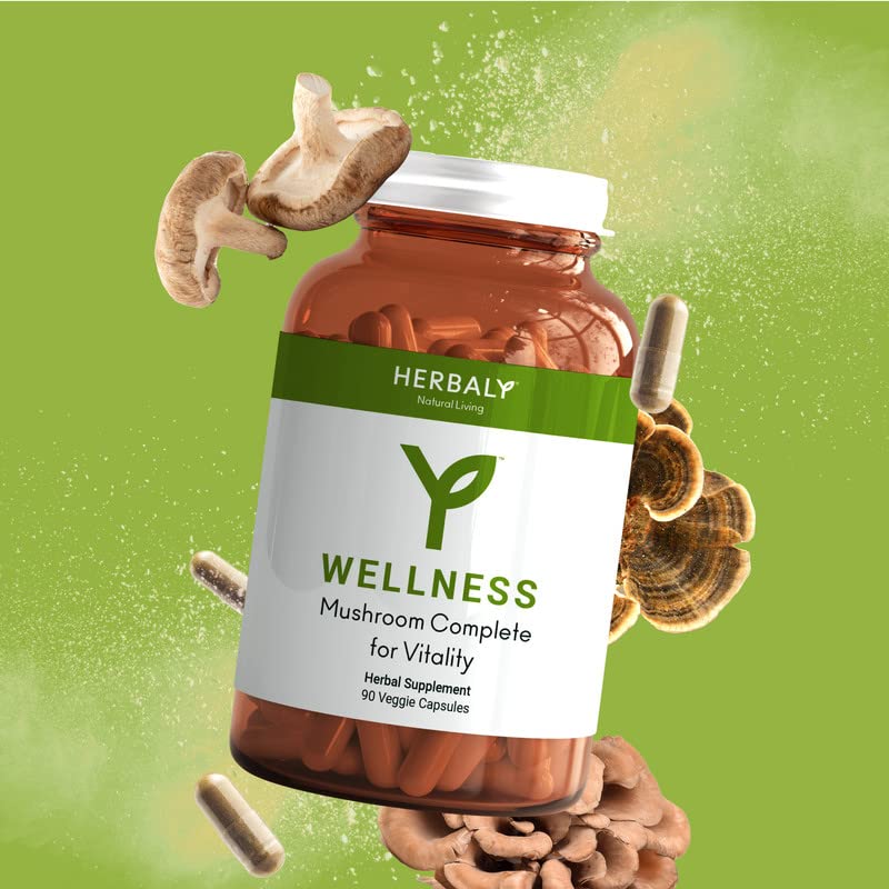 HERBALY Mushroom Complete bottle pour showing convenient capsules for busy mornings