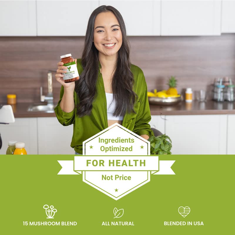 HERBALY Mushroom Complete ingredient blend highlights 15 mushroom types for daily support on the label