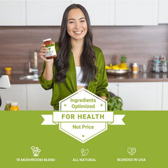 HERBALY Mushroom Complete ingredient blend highlights 15 mushroom types for daily support on the label