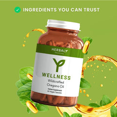 HERBALY Wellness oregano oil capsules closeup, showing easy-to-take capsules for daily use.