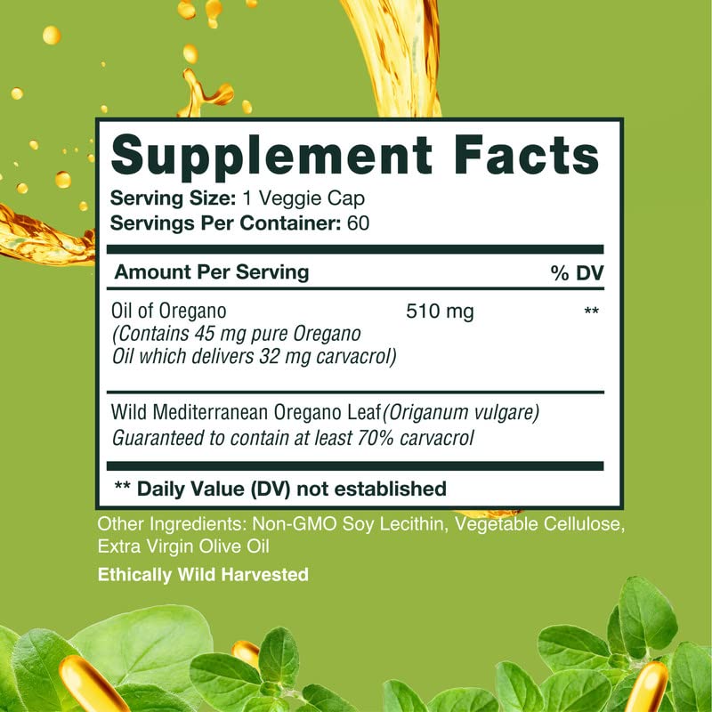 HERBALY Wellness oregano oil capsules in yellow-gold bottle signal premium, antioxidant-rich wellness.