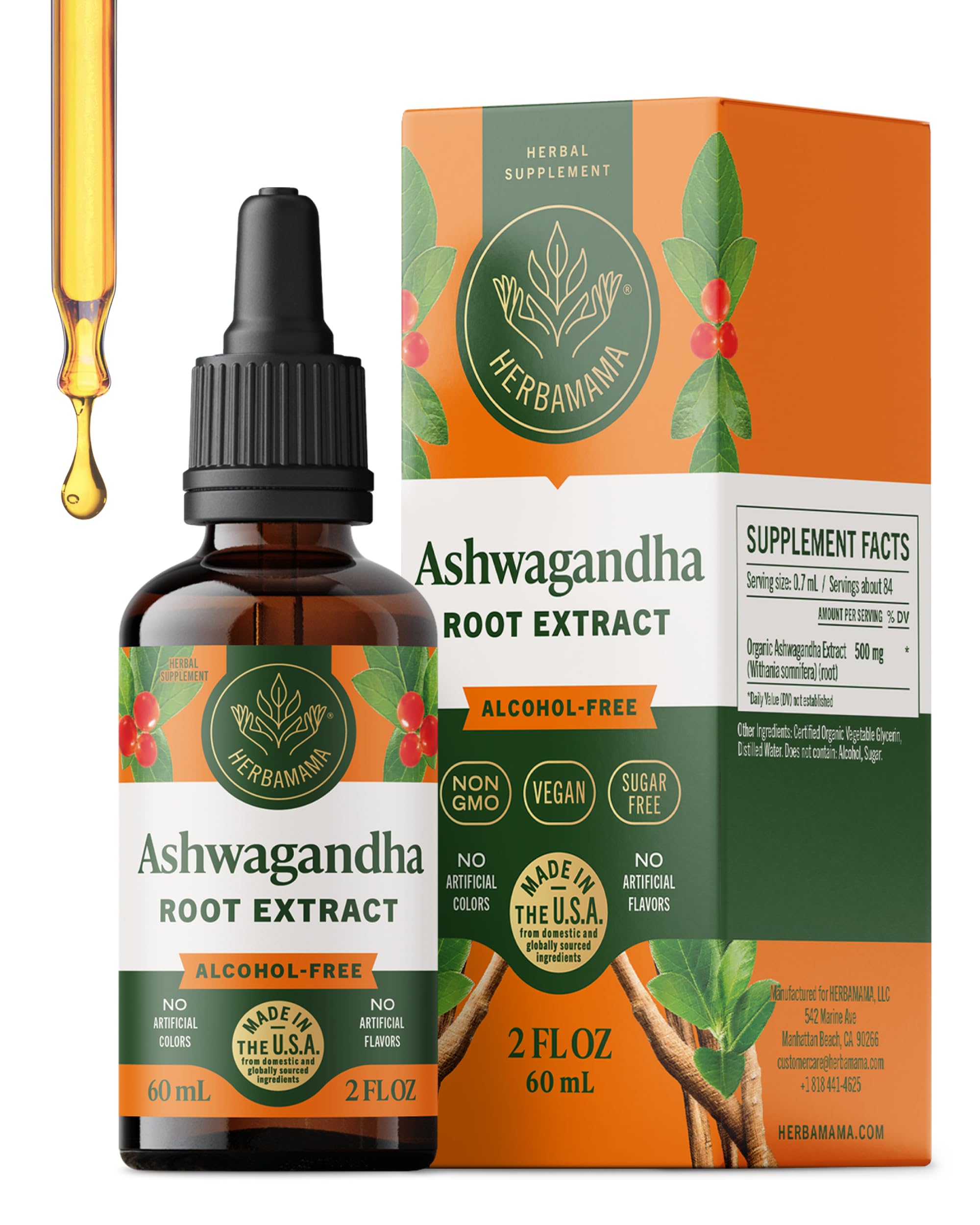 HERBAMAMA Ashwagandha Drops bottle front for daily calm support.
