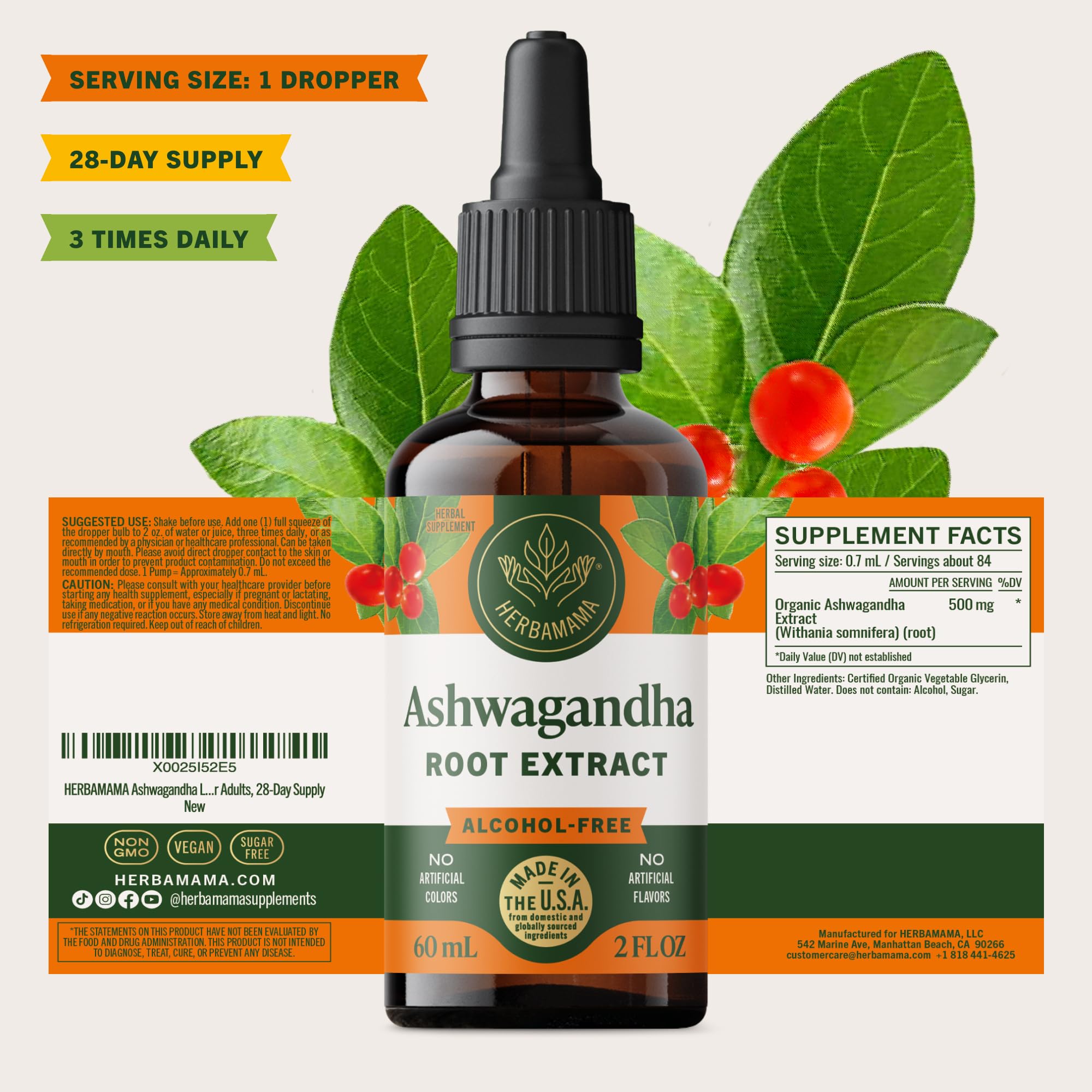 HERBAMAMA Ashwagandha Drops suggested daily doses for routine calm.