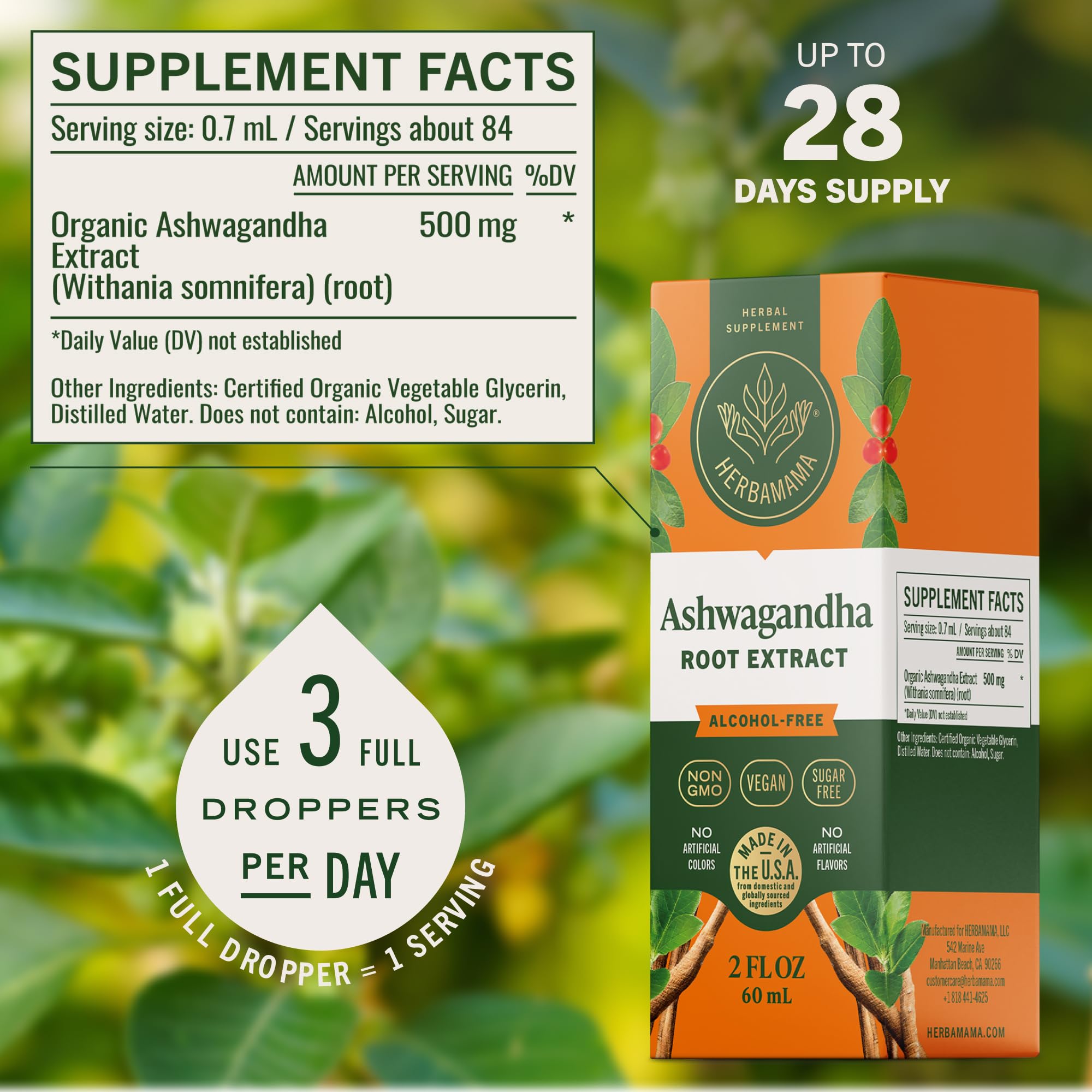 HERBAMAMA Ashwagandha Drops liquid texture close-up showing smooth taste.
