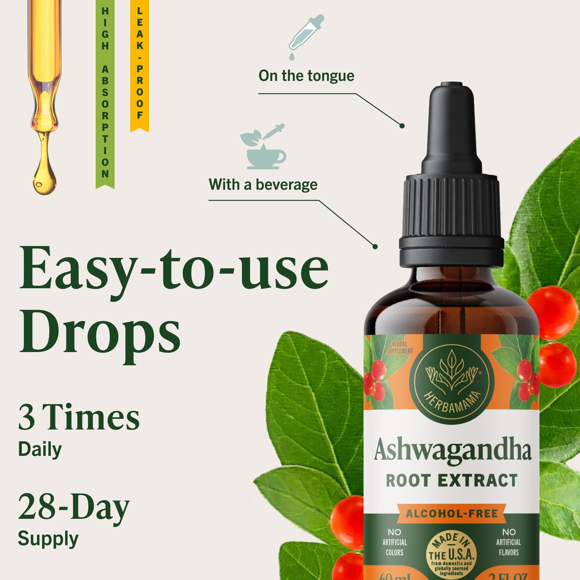 HERBAMAMA Ashwagandha Drops vegan non-GMO label emphasizes clean ingredients.
