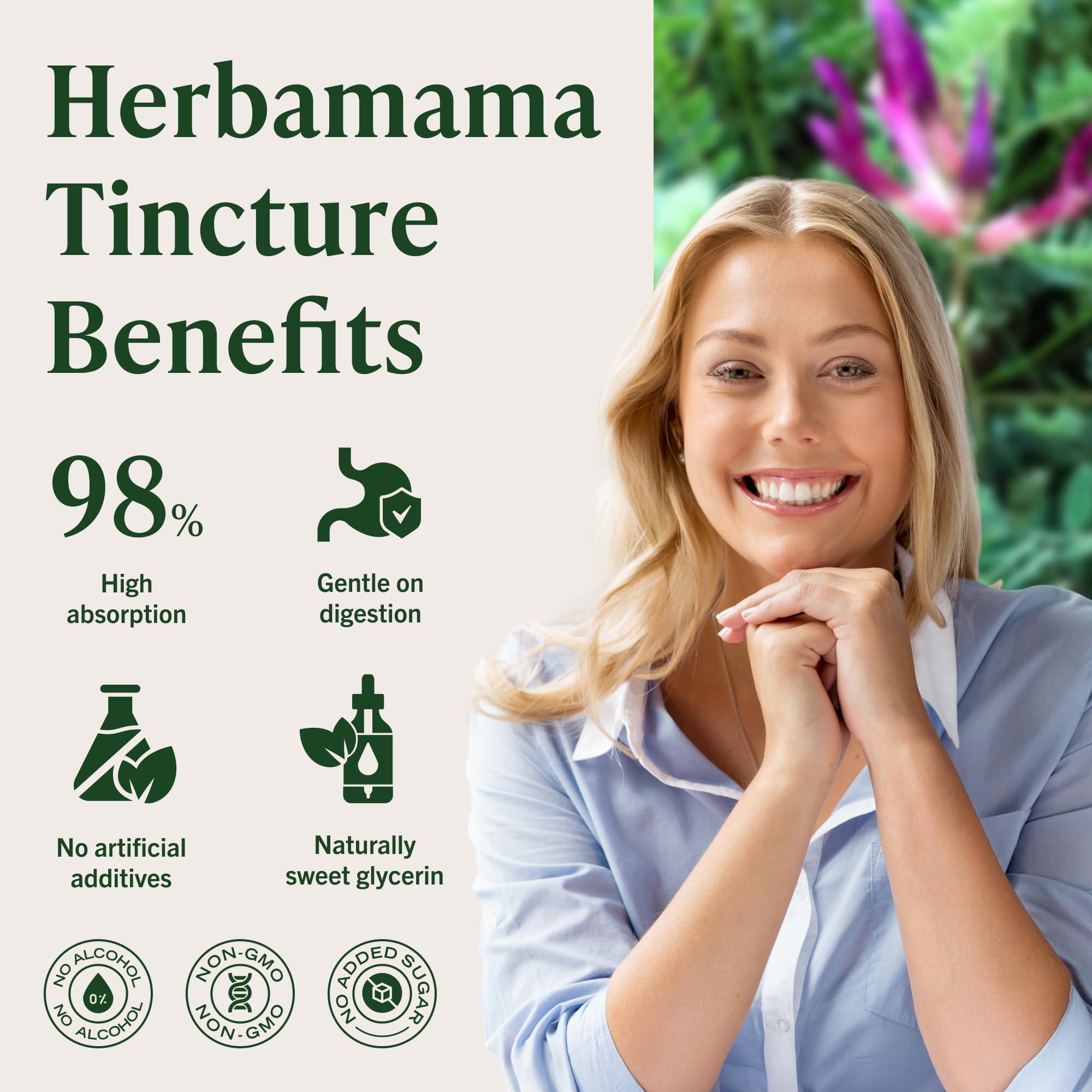 HERBAMAMA Astragalus tincture ingredients flatlay emphasizes a simple three-ingredient vegan formula.