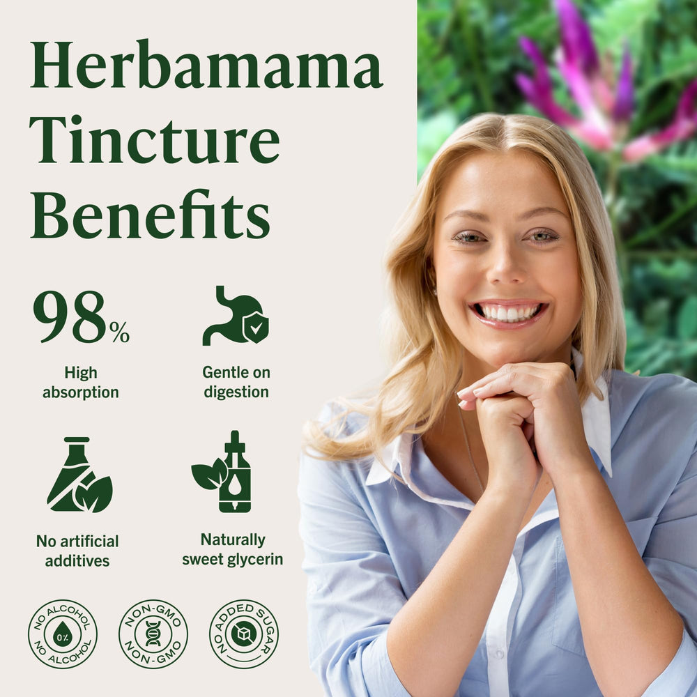 HERBAMAMA Astragalus tincture ingredients flatlay emphasizes a simple three-ingredient vegan formula.