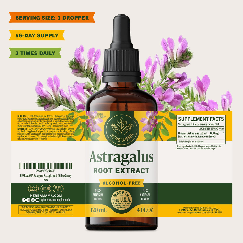 HERBAMAMA Astragalus tincture packaging reveals a 56-day supply for ongoing routine.