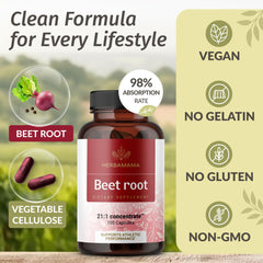 HERBAMAMA Beet Root capsules with black pepper illustrate enhanced absorption.