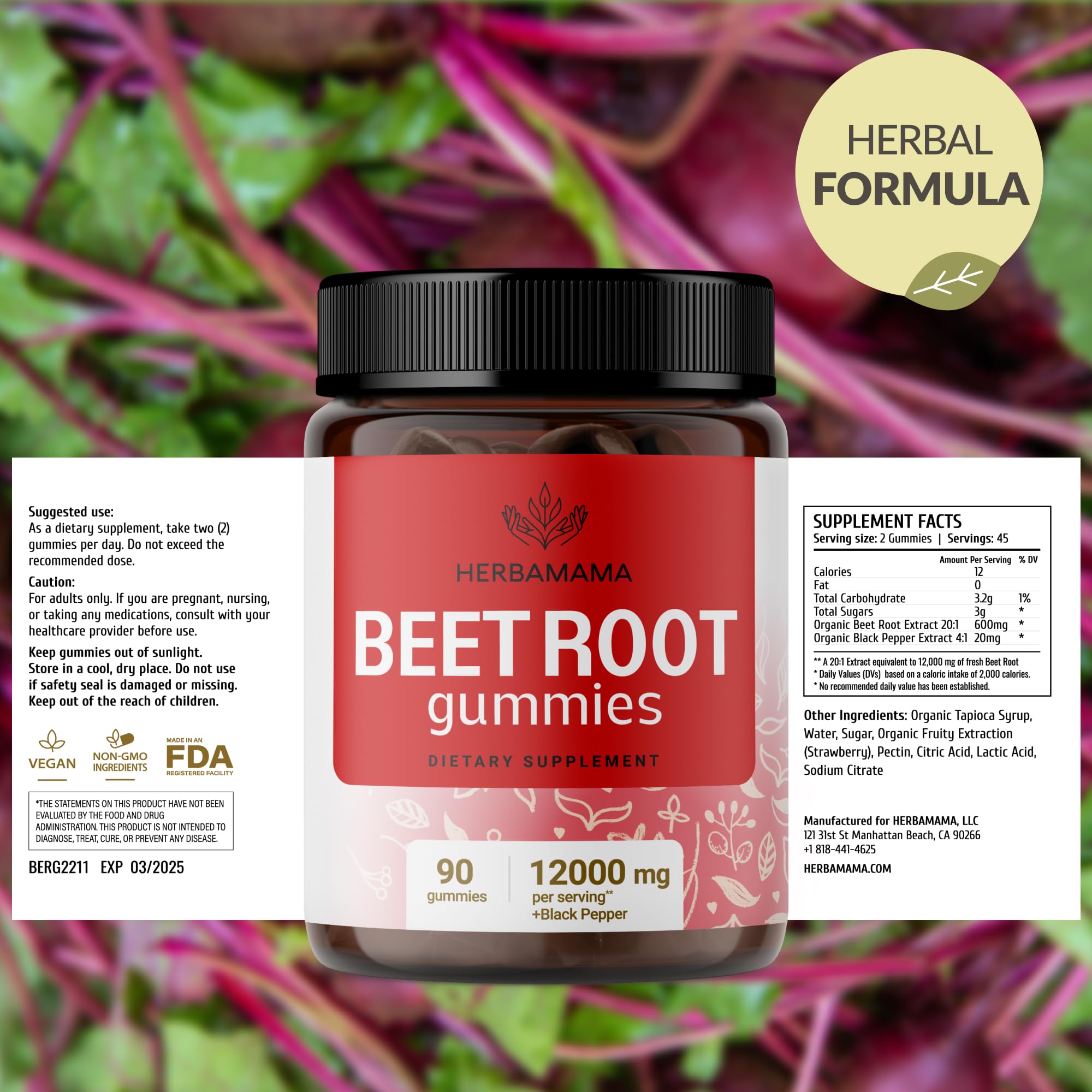 HERBAMAMA Beet Root Gummies 90 chewy servings for convenient daily use.