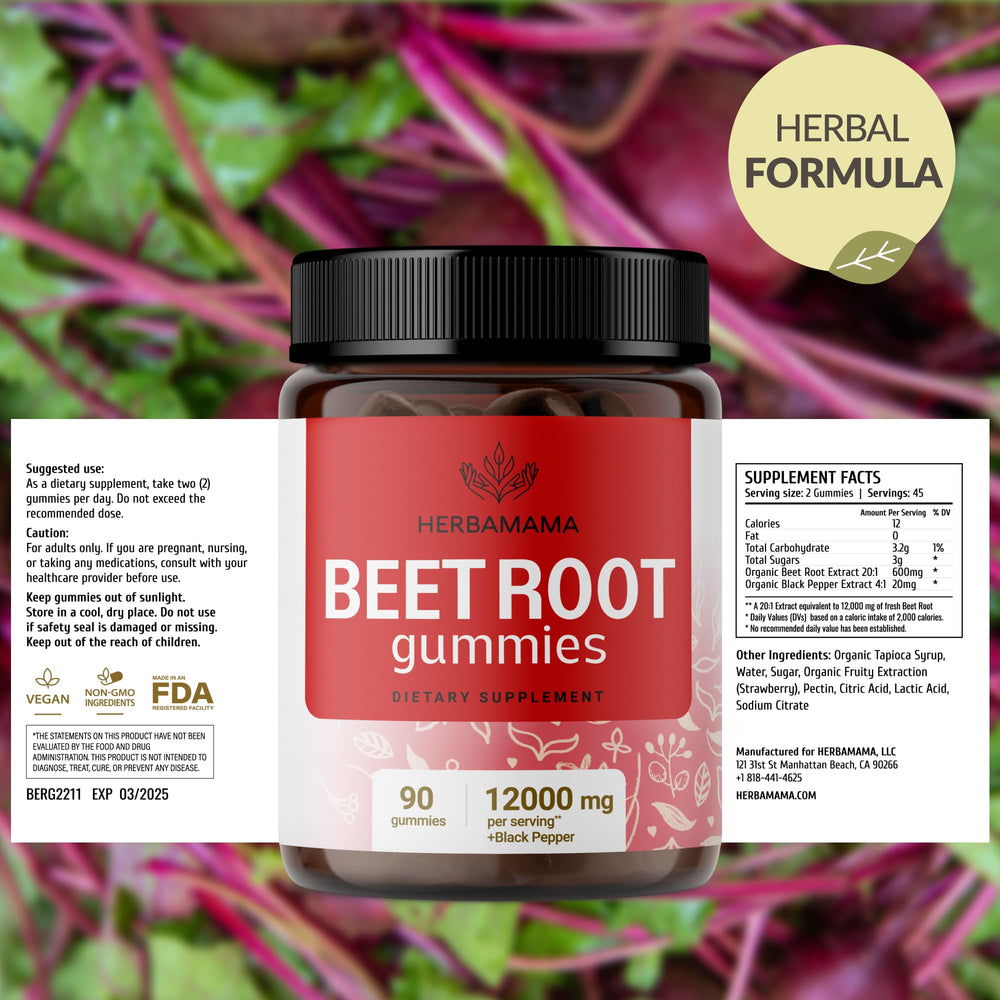 HERBAMAMA Beet Root Gummies 90 chewy servings for convenient daily use.
