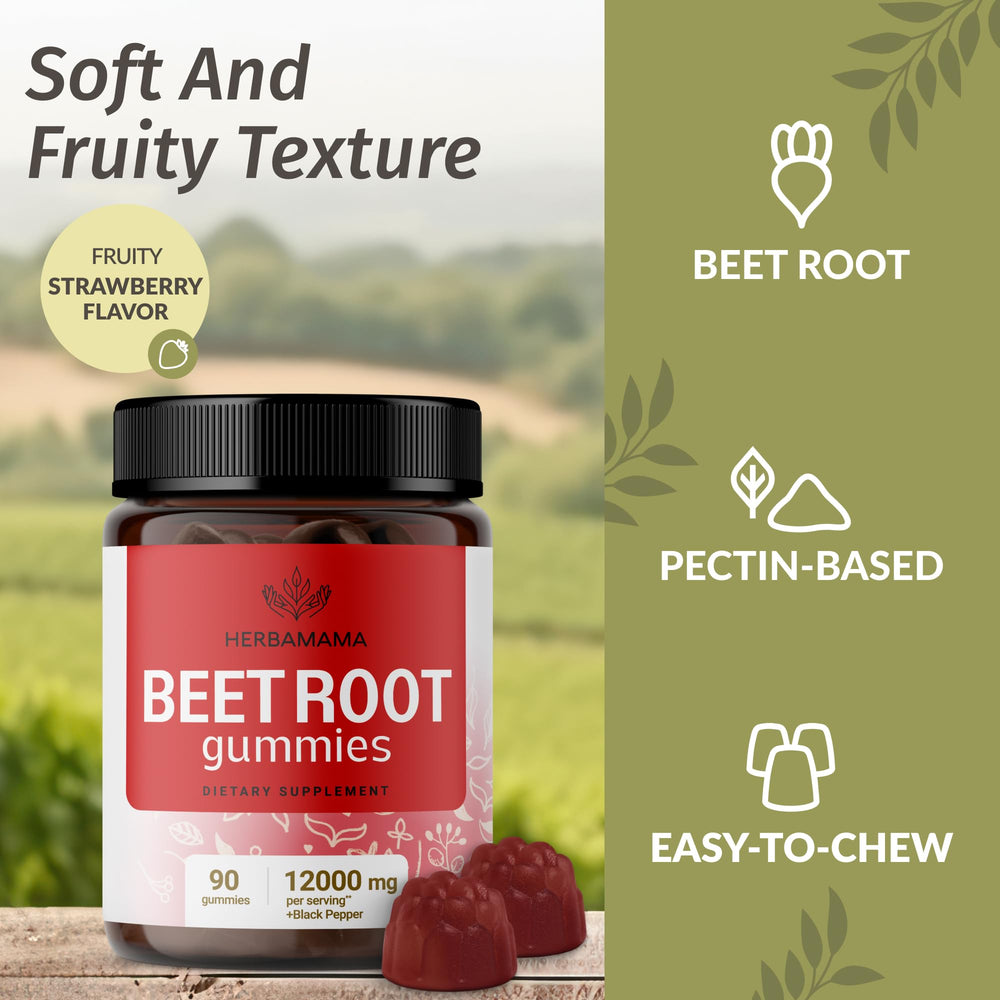 HERBAMAMA Beet Root Gummies ingredients panel highlights plant-based formula.