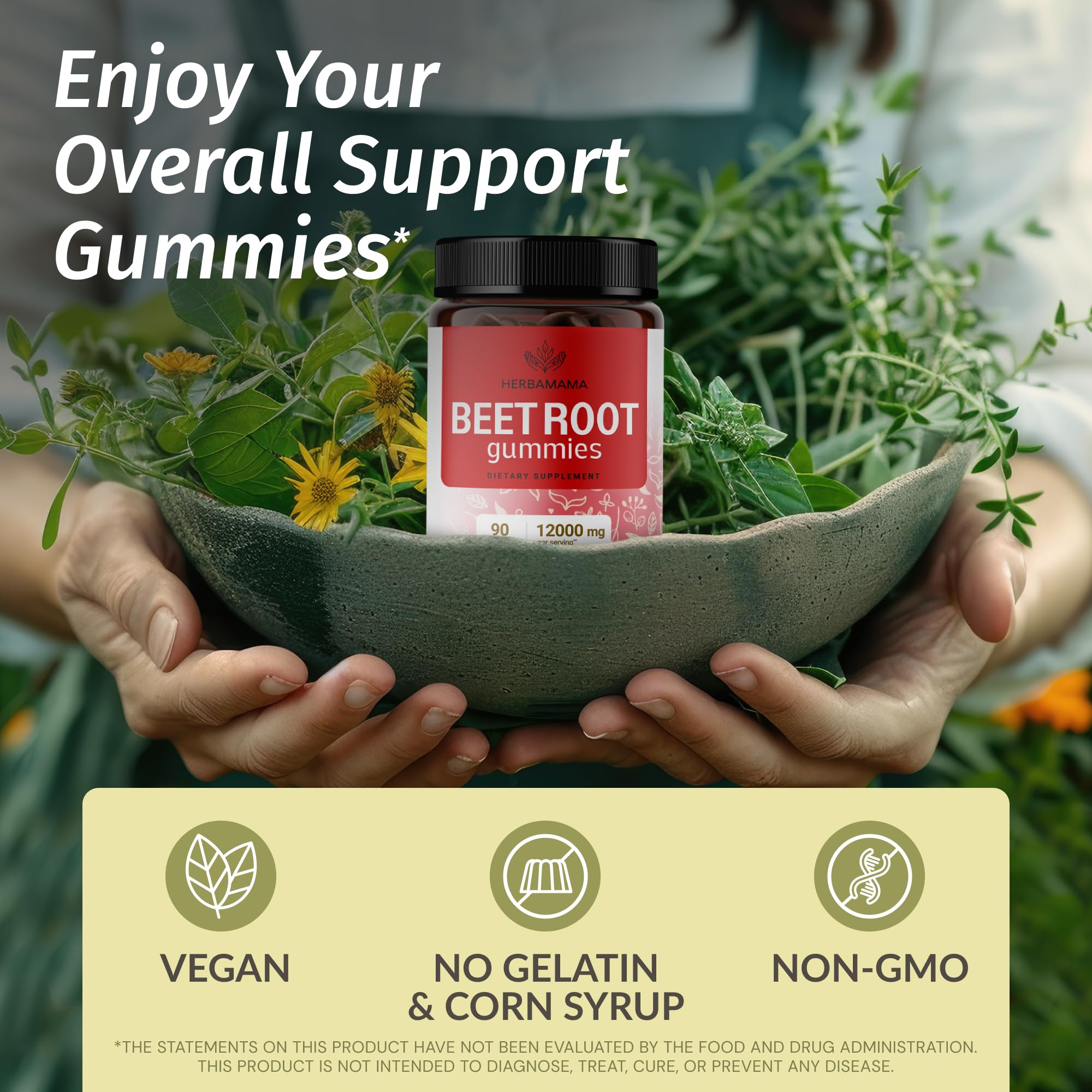 HERBAMAMA Beet Root Gummies vegan and non-GMO labeling for purity.