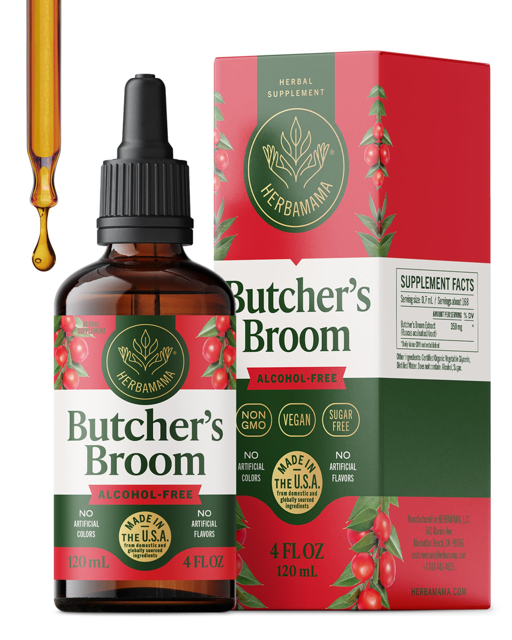 HERBAMAMA Butcher's Broom Drops bottle highlights vegan, alcohol-free leg support.