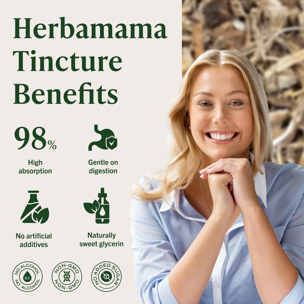 Label close-up emphasizes non-GMO, alcohol-free formula by HERBAMAMA Butcher's Broom.