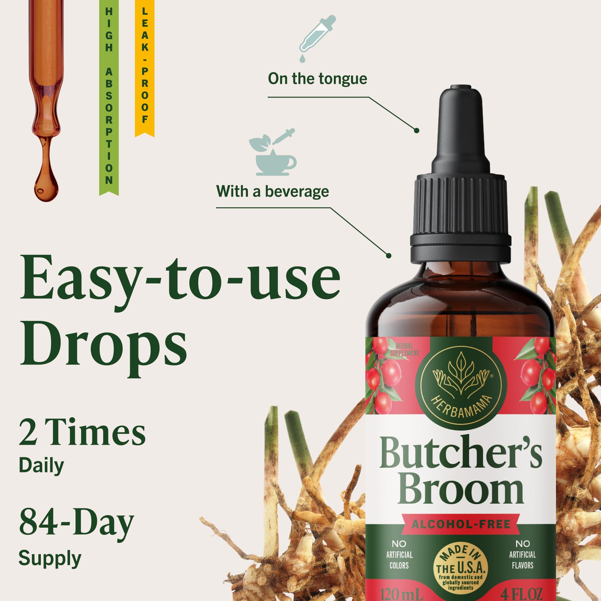 Ingredient list on HERBAMAMA Butcher's Broom drops highlights simplicity.