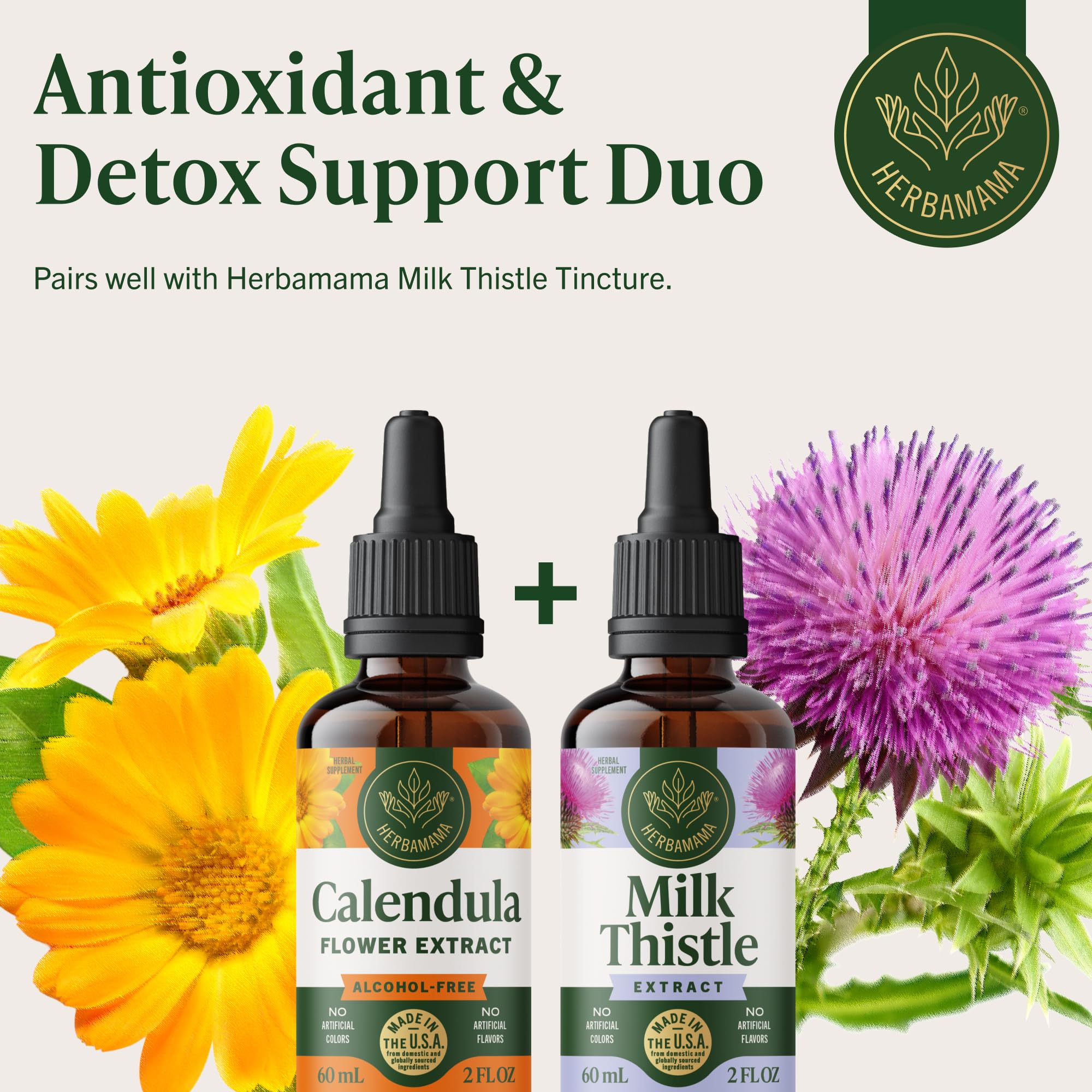 HERBAMAMA Calendula tincture bottle signals a 42-day supply.