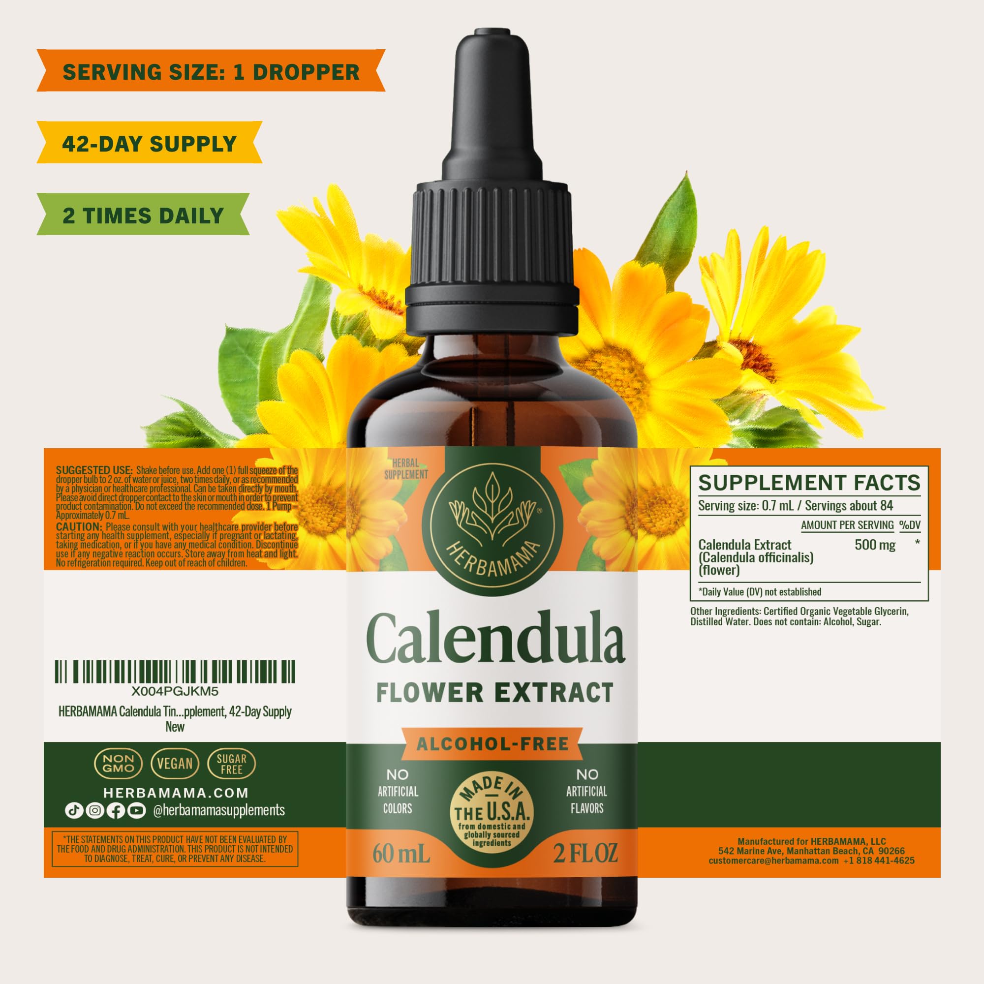 HERBAMAMA Calendula tincture bottle beside glass of water for easy integration.