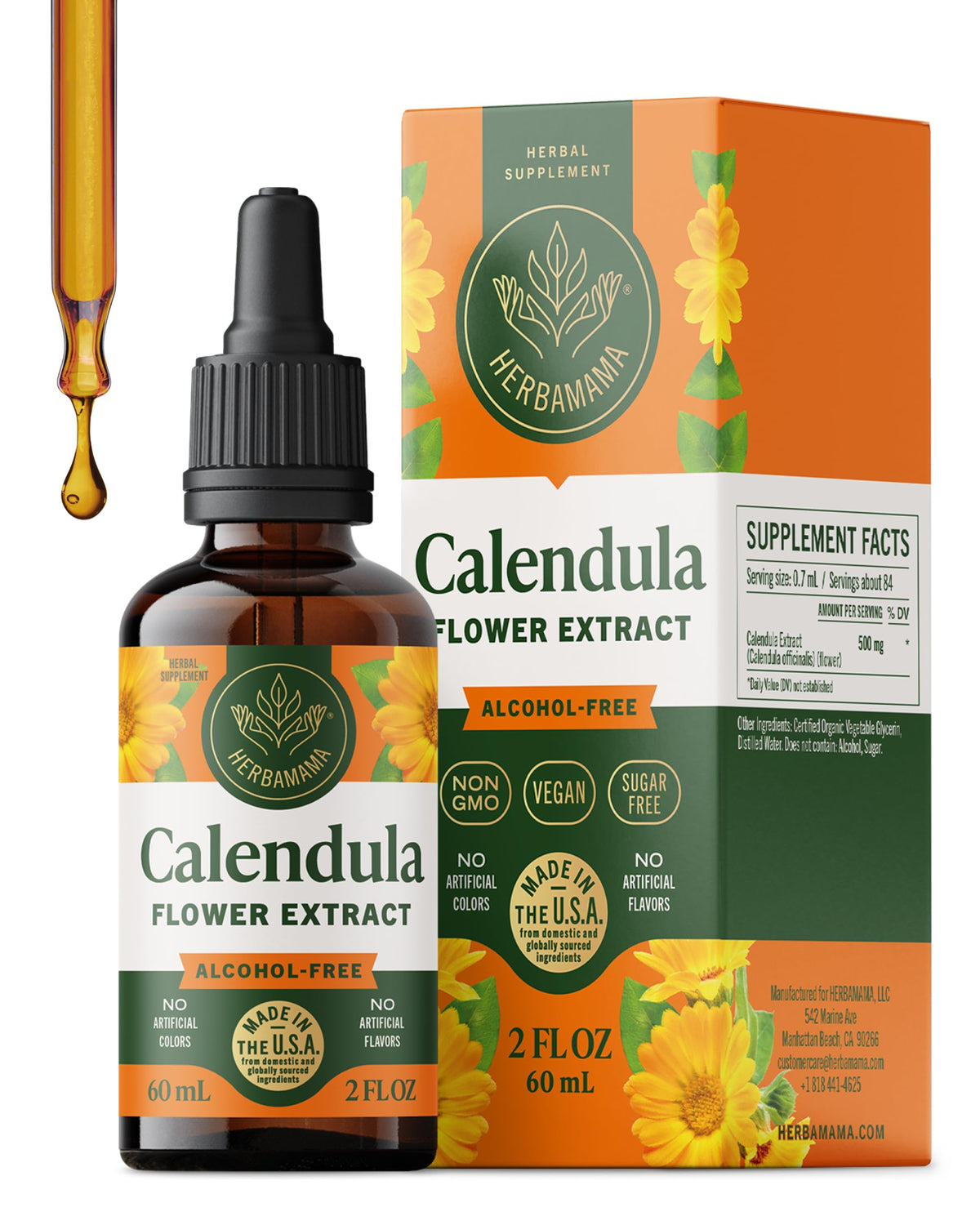 HERBAMAMA Calendula tincture bottle highlights vegan formula for gentle detox support.