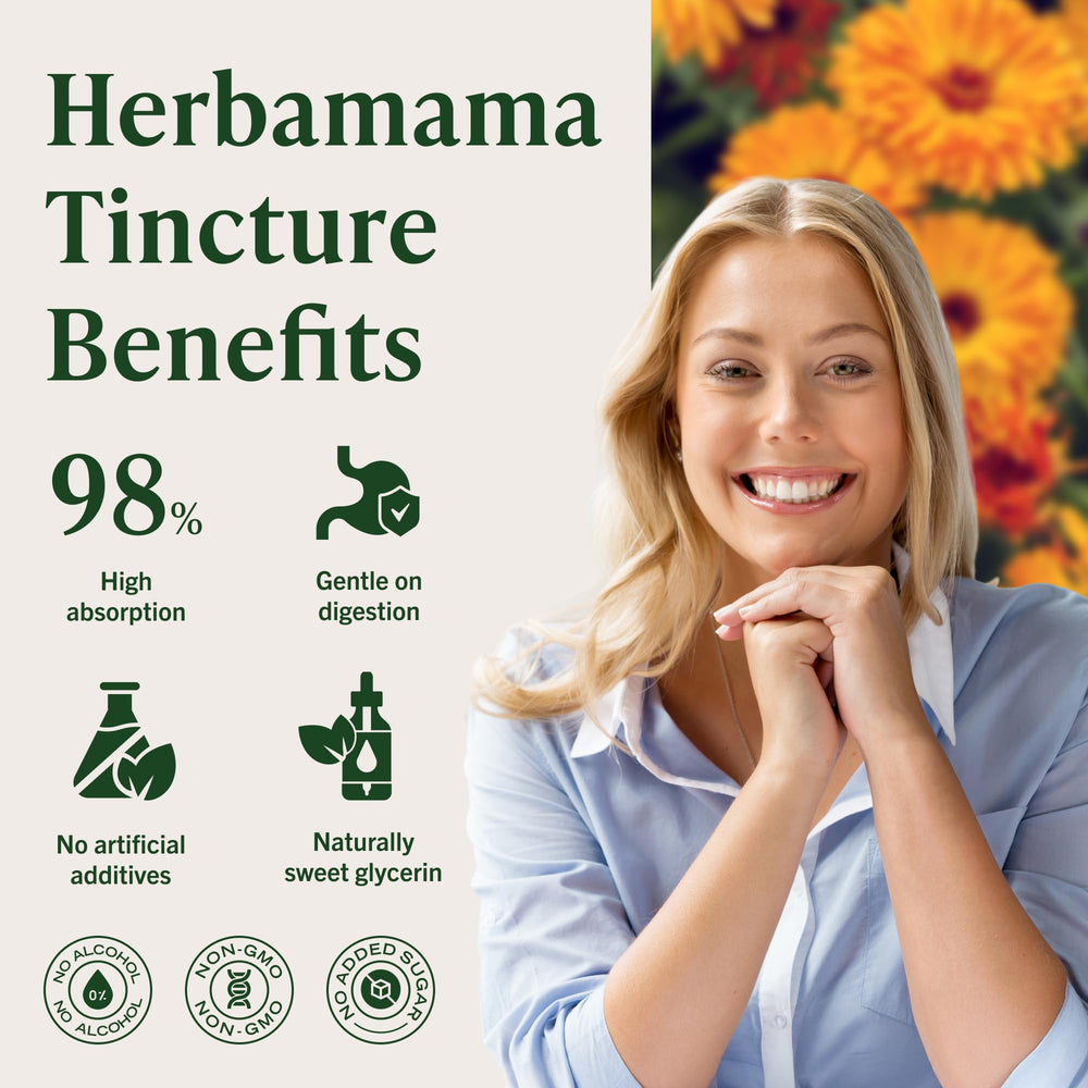 HERBAMAMA Calendula tincture dropper used under tongue for rapid absorption.