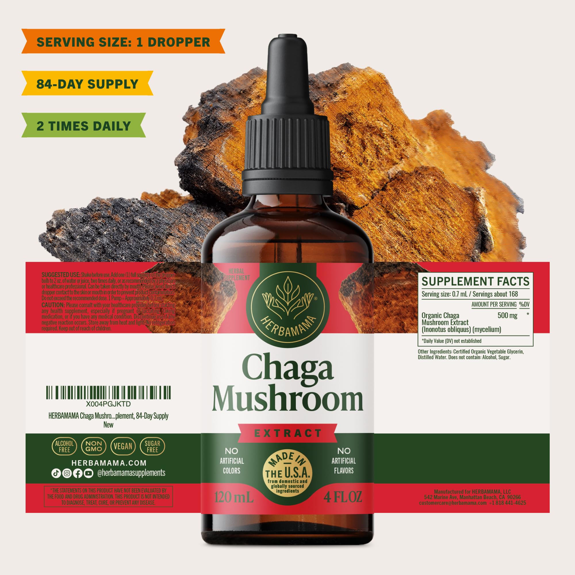 Herbamama Chaga tincture setup for vegan, non-GMO lifestyle.