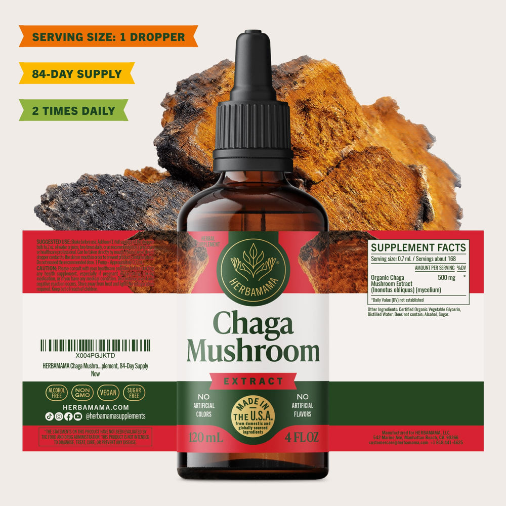 Herbamama Chaga tincture setup for vegan, non-GMO lifestyle.