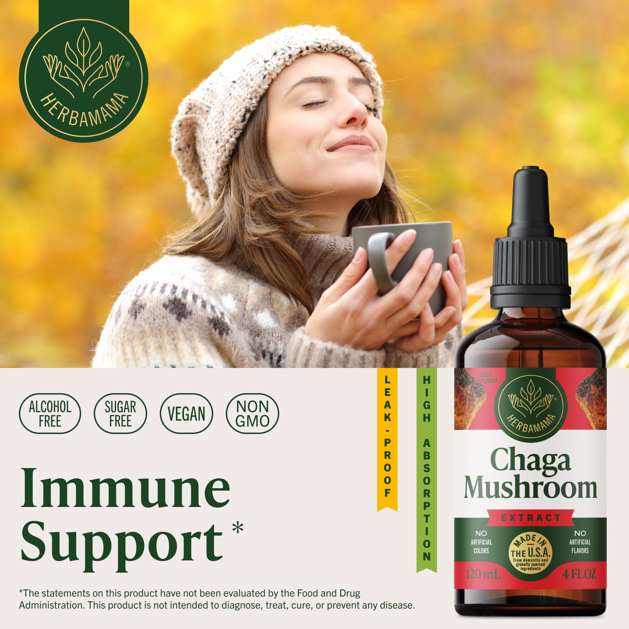 Herbamama Chaga drops dispensed into a glass for easy use.