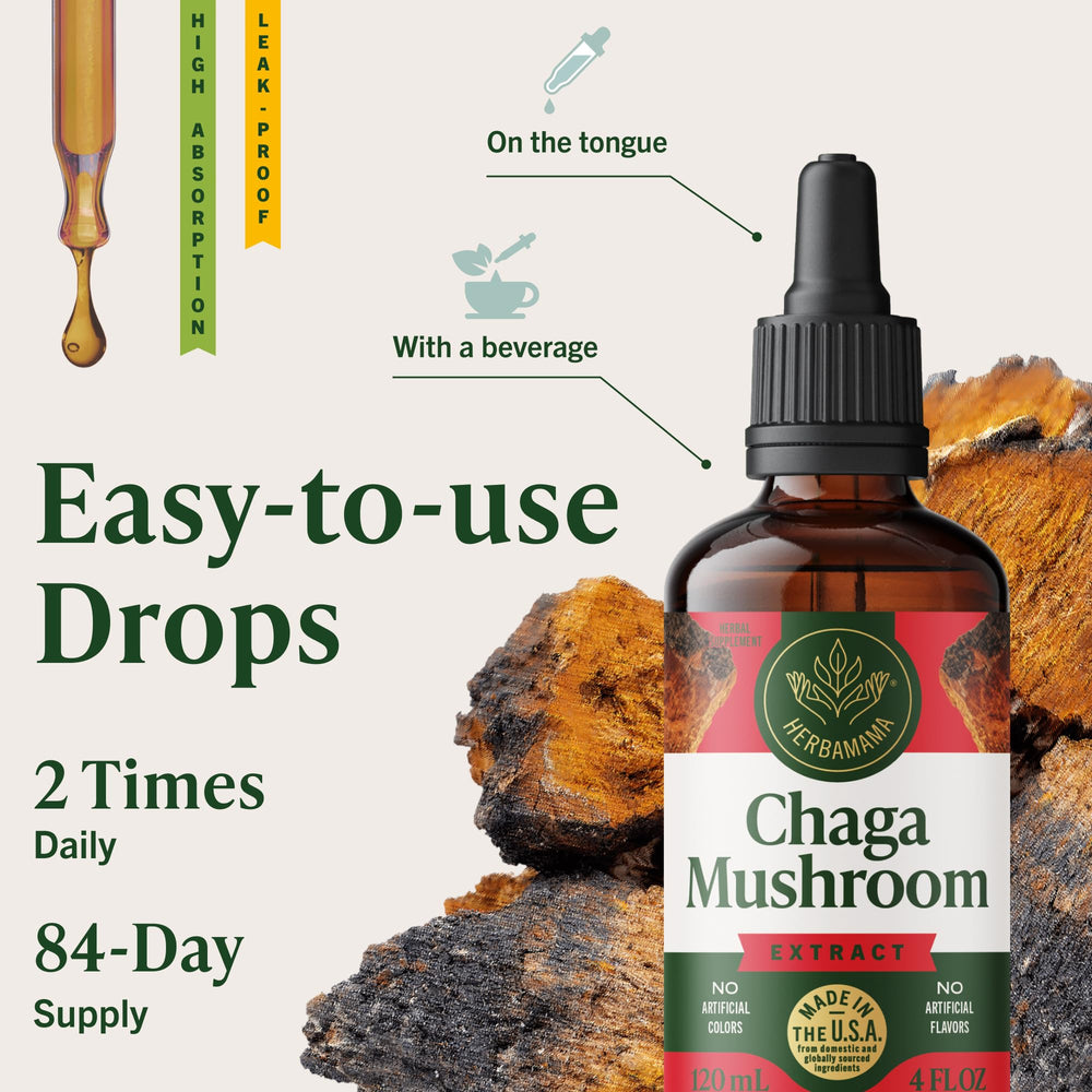 Herbamama Chaga extract beside calendar illustrating 84-day supply.