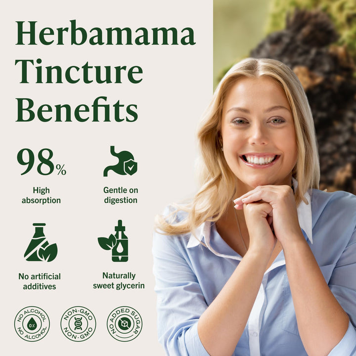 Herbamama Chaga tincture drops added to juice for daily use.