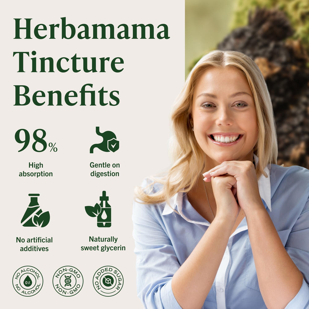 Herbamama Chaga tincture drops added to juice for daily use.