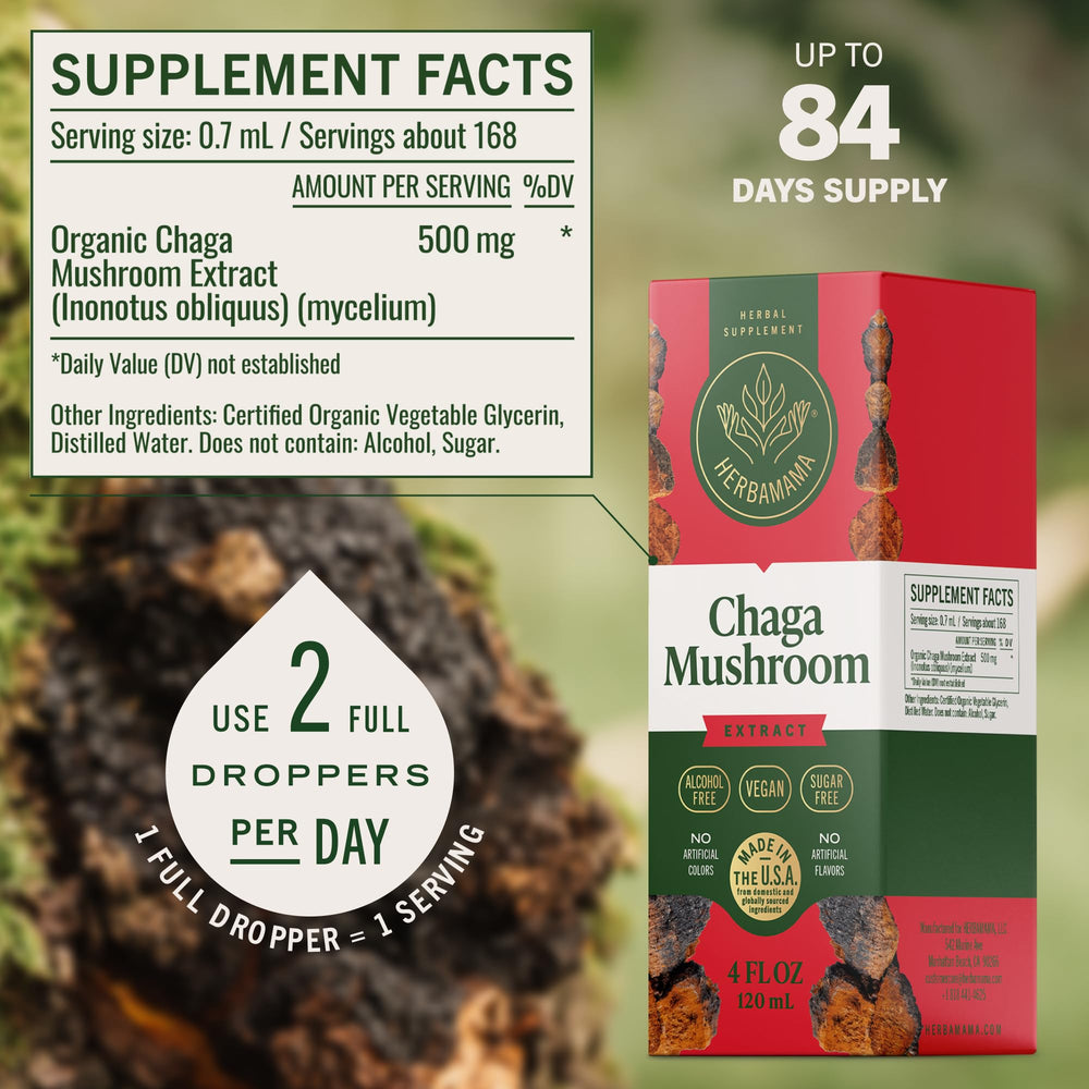 Herbamama Chaga tincture label highlights non-GMO and glycerin base.