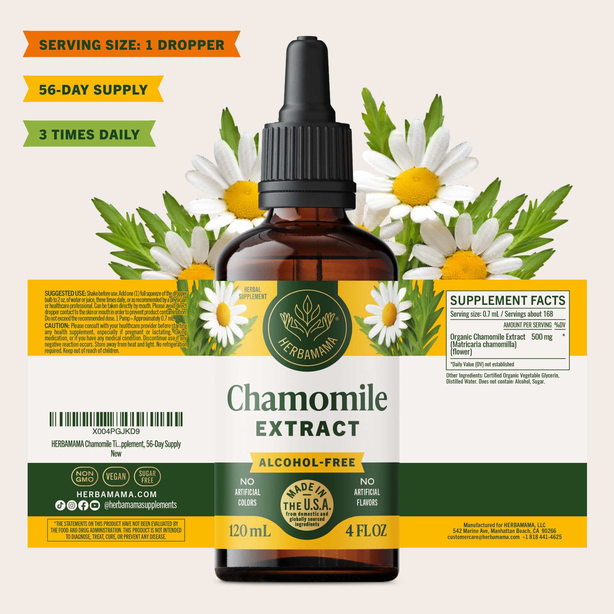 HERBAMAMA Chamomile 56-day supply highlights long-lasting calm support.