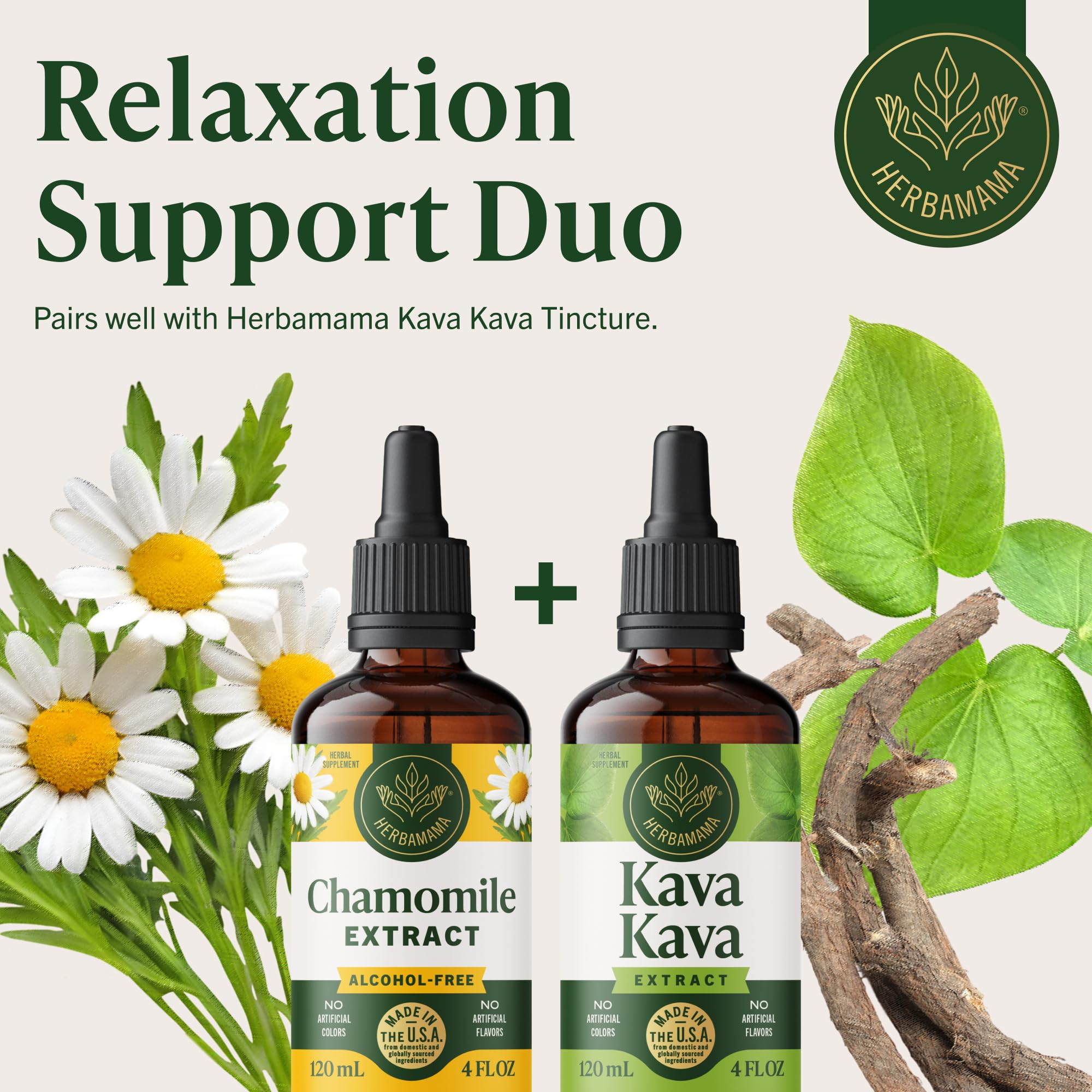 HERBAMAMA Chamomile alcohol-free bottle showcases vegan, non-GMO relaxation support.