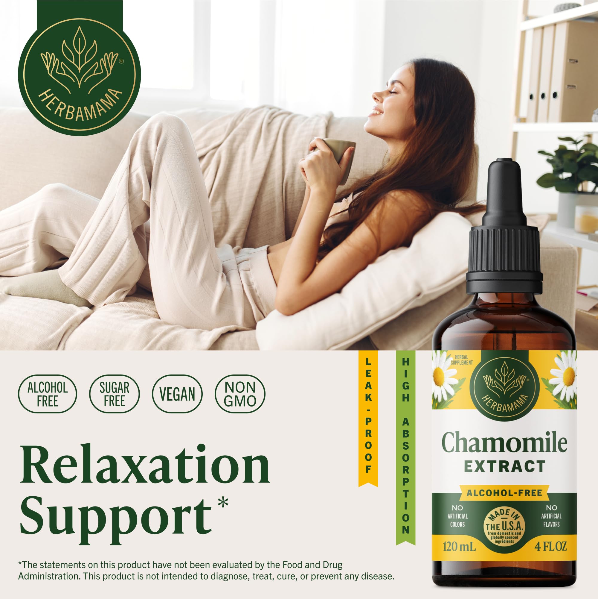 HERBAMAMA Chamomile drops pour demonstrates convenient dosing for soothing moments.