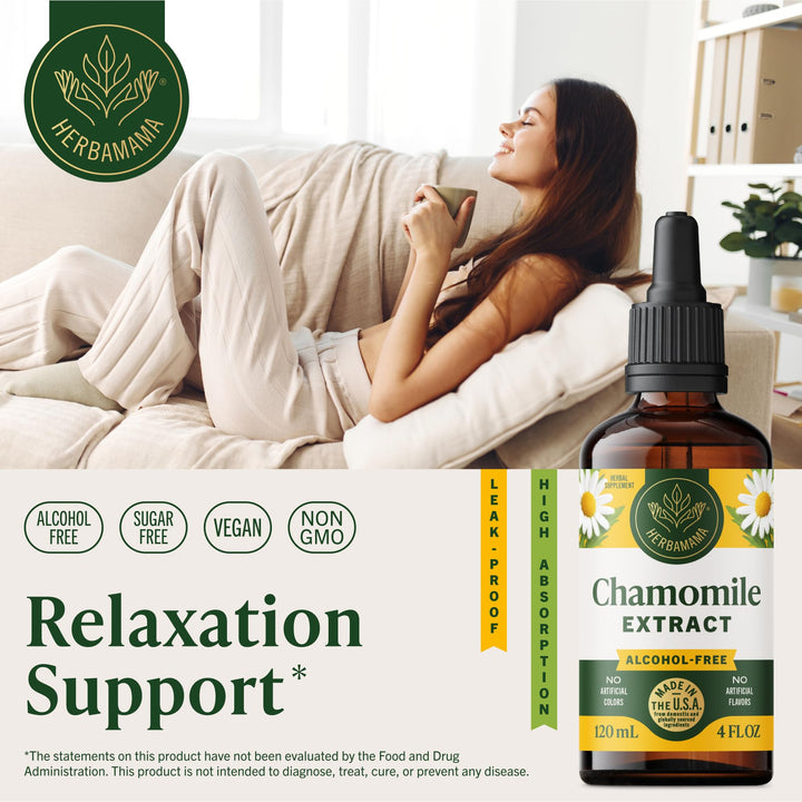 HERBAMAMA Chamomile drops pour demonstrates convenient dosing for soothing moments.
