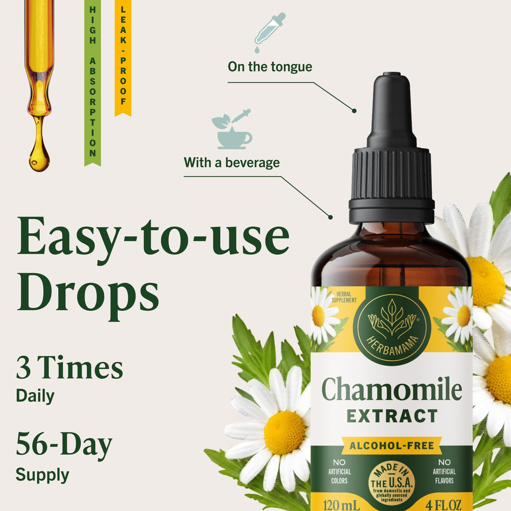 HERBAMAMA Chamomile quick absorption label emphasizes fast uptake of calming drops.