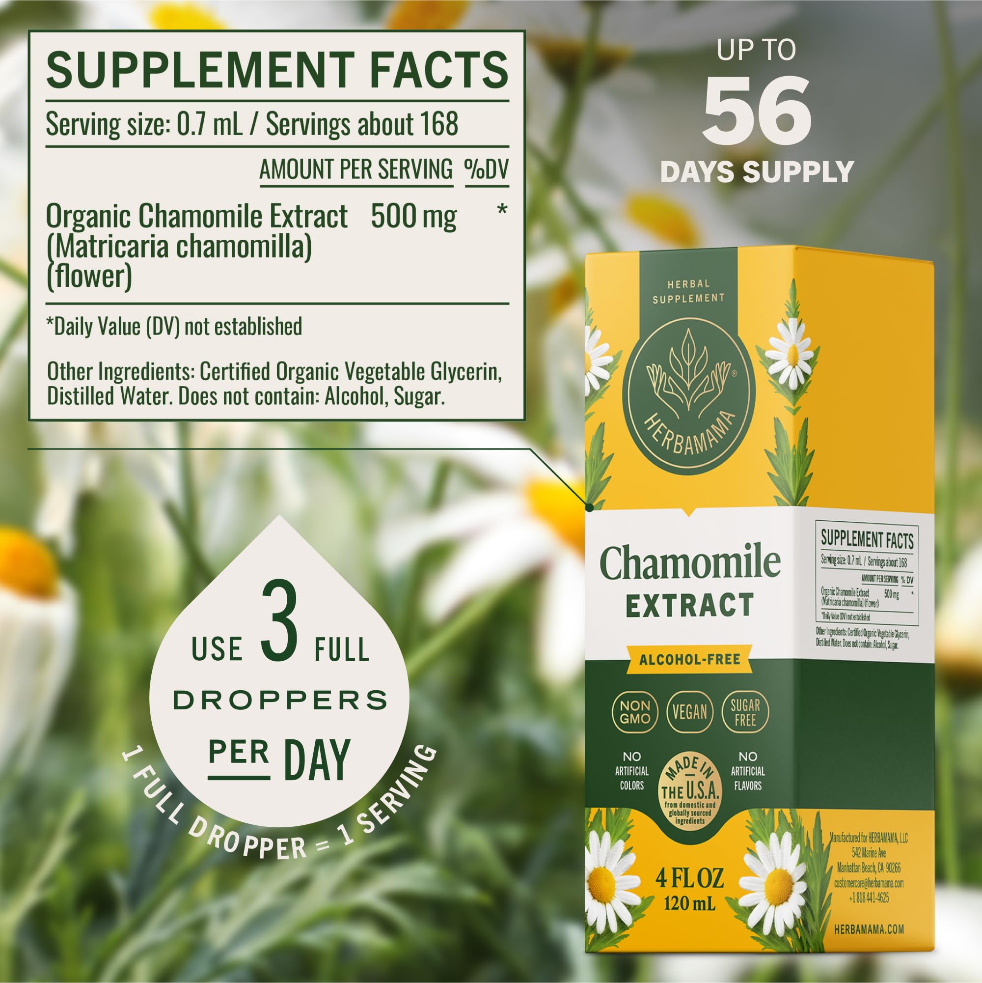 HERBAMAMA Chamomile tincture under tongue use for fast, gentle relaxation.