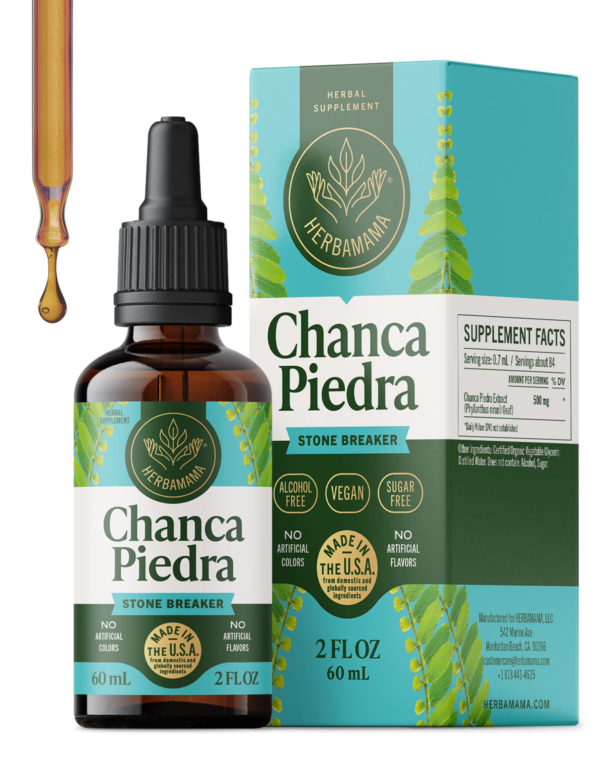 HERBAMAMA Chanca Piedra tincture bottle showing vegan, non-GMO formula for kidney support