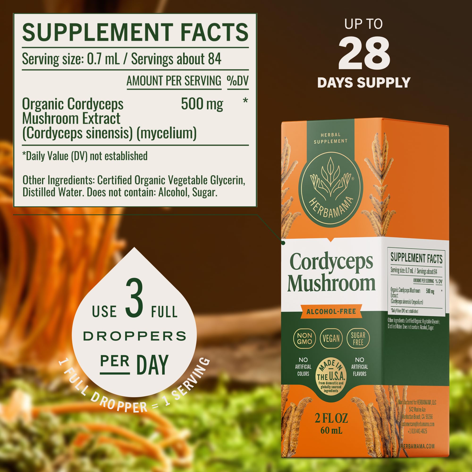 Close-up of three-ingredient formula: Cordyceps sinensis, glycerin, water.