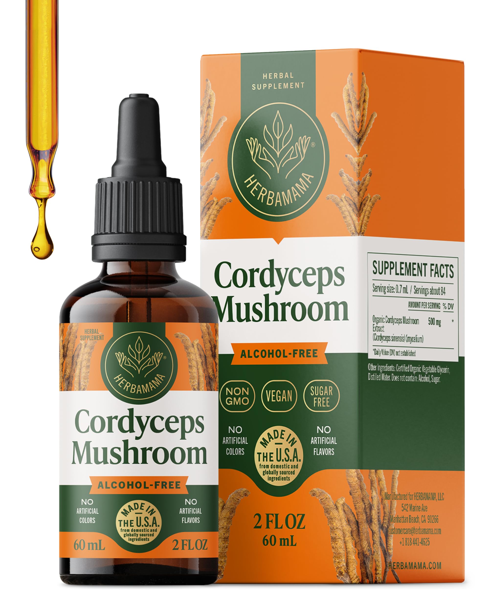 HERBAMAMA Cordyceps tincture bottle on countertop supports everyday immune wellness.