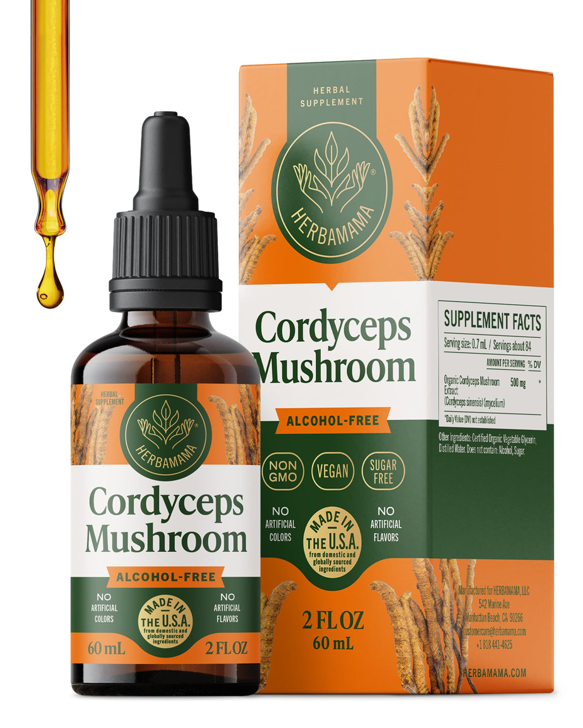 HERBAMAMA Cordyceps tincture bottle on countertop supports everyday immune wellness.
