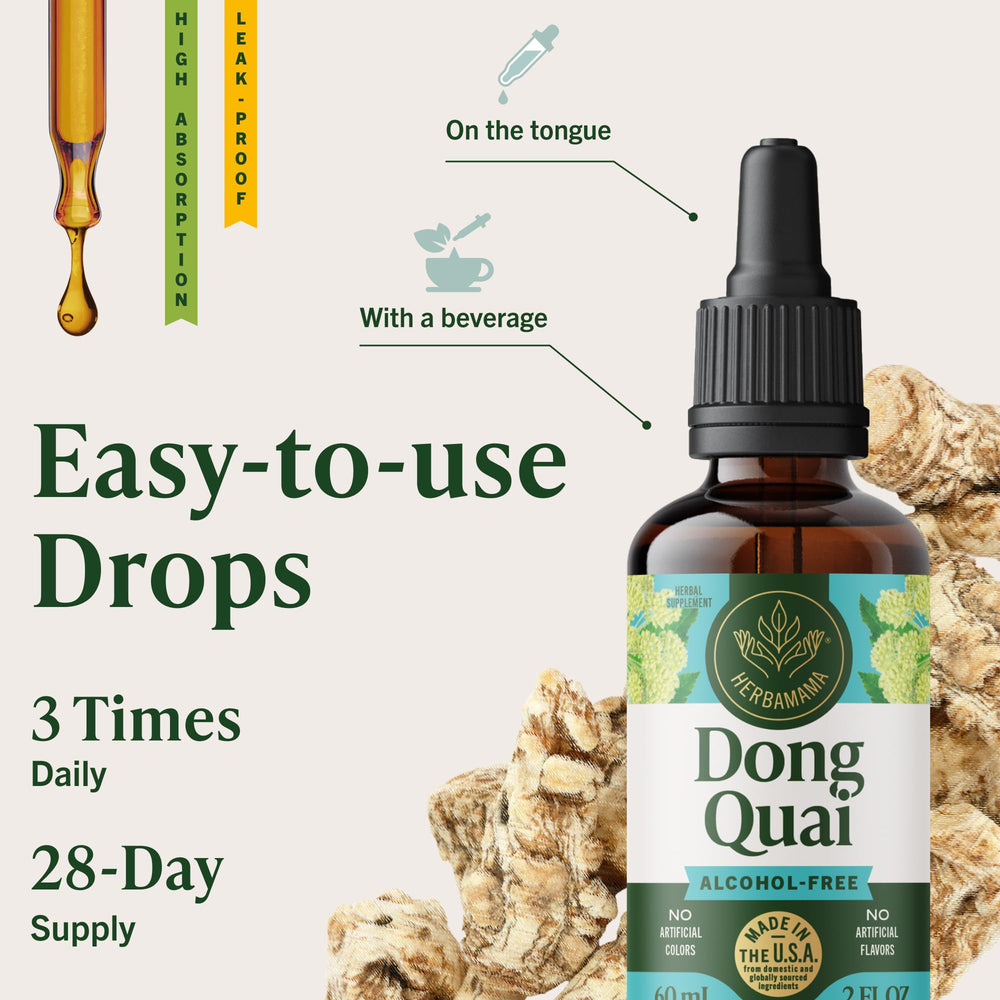 HERBAMAMA Dong Quai drops offer a smooth, glycerin-based taste.
