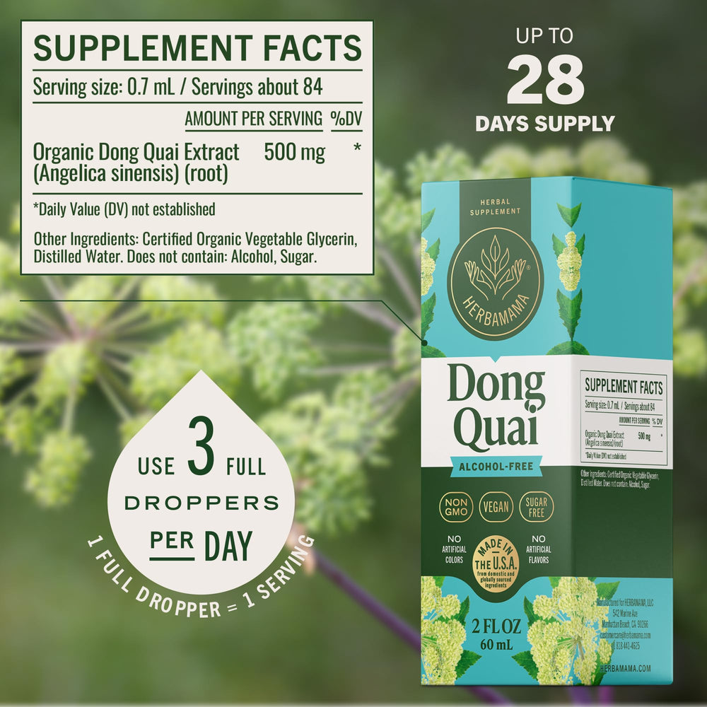 HERBAMAMA Dong Quai drops under tongue for fast absorption.