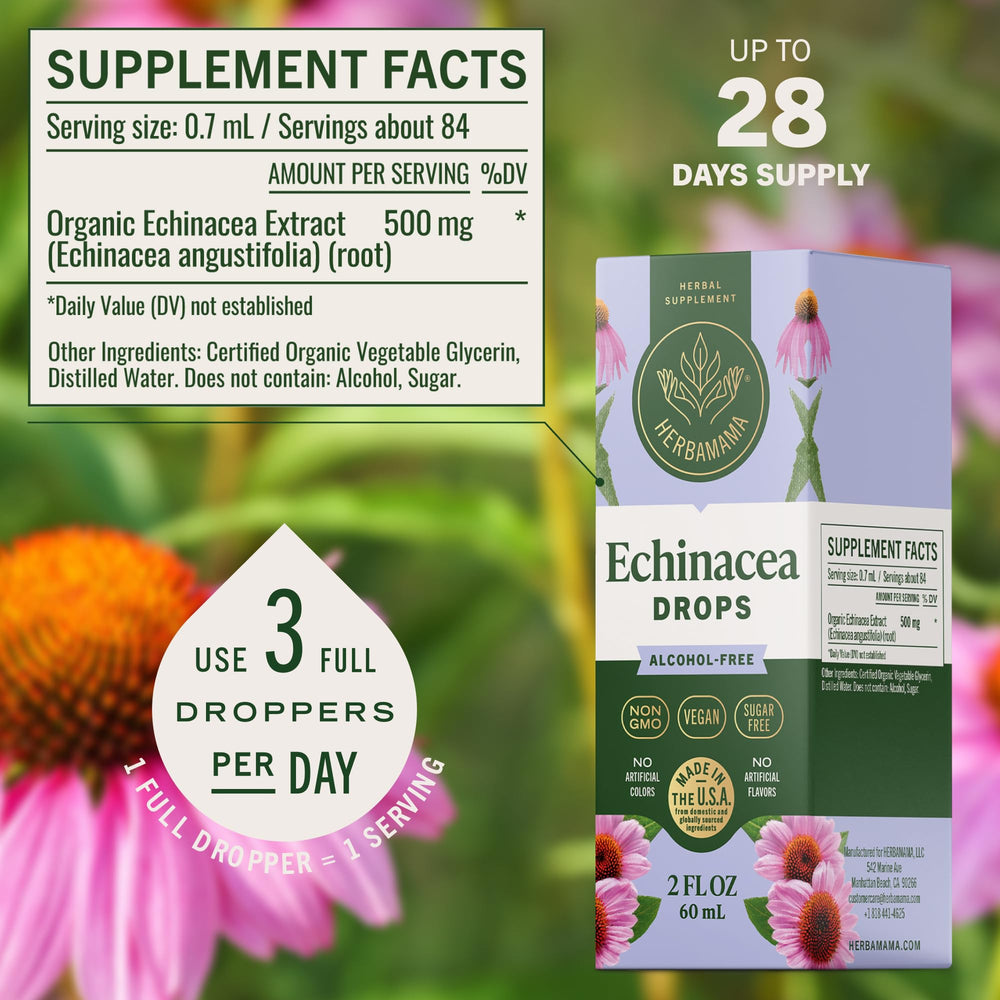 HERBAMAMA Echinacea drops bottle being poured into a glass