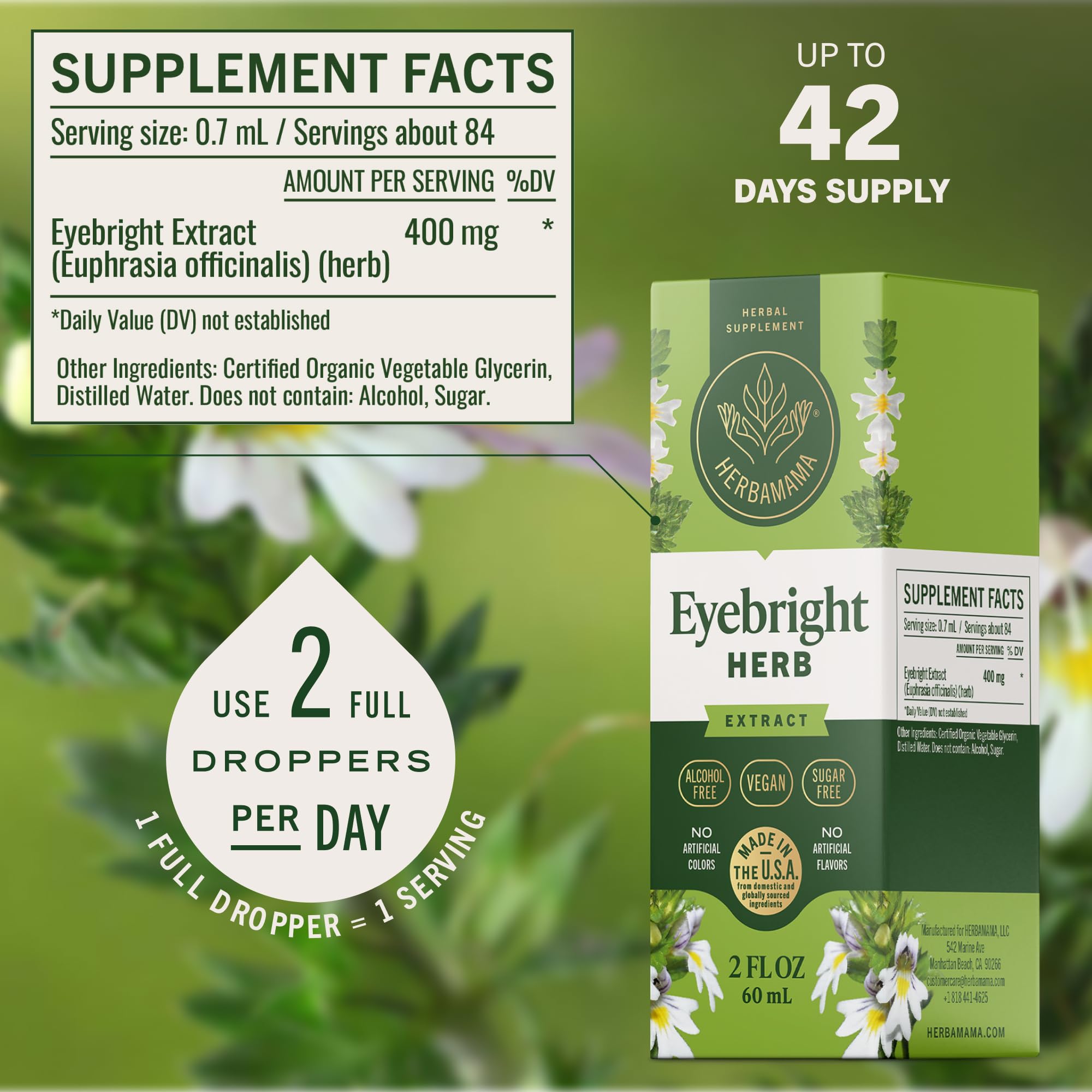 Herbamama Eyebright tincture label highlights alcohol-free, sugar-free, gentle formula.