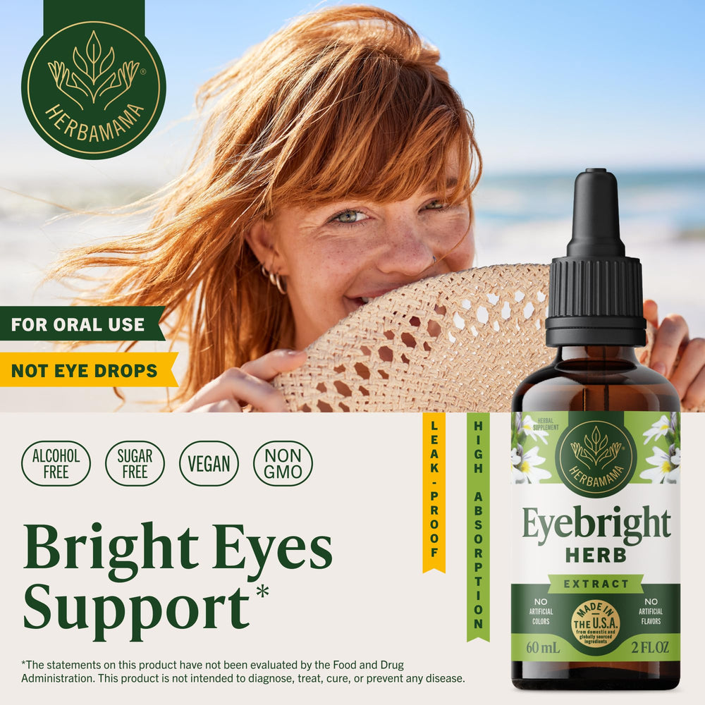 Herbamama Eyebright tincture dropper dispensing into water for easy consumption.